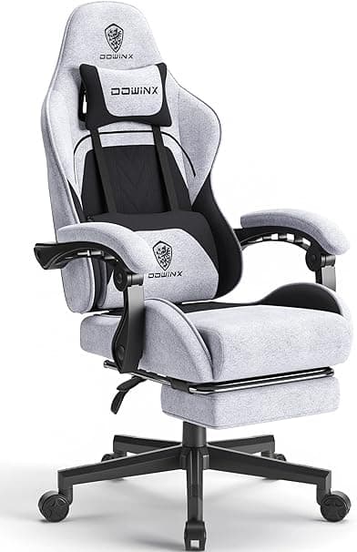 Dowinx Gaming Chair Fabric with Pocket Spring Cushion, Massage Game Chair Cloth with Headrest, Ergonomic Computer Chair with Footrest 290LBS, Black and Grey